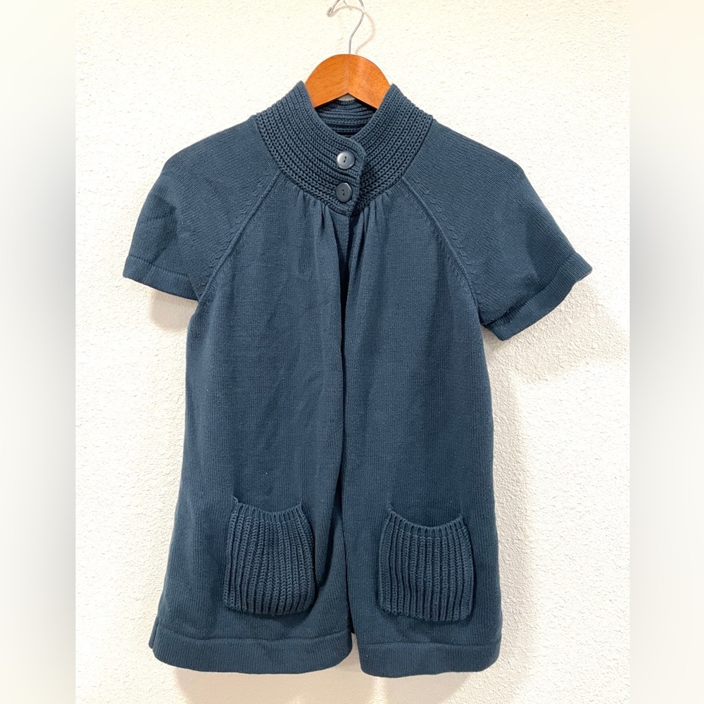 Axcess Womens L Knit Cardigan Blue Snap Closure High Collar Short Sleeve